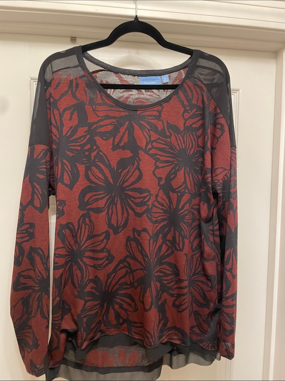 Simply Vera Vera Wang Rust Floral Long-Sleeve sheer Top with Black overlay